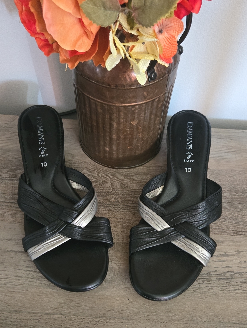 D. Manna's Italy Black and Silver Leather Slide Mules